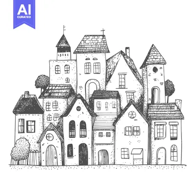 Aset desain premium: Hand-Drawn Sketch of a Charming European Village with Houses and Trees