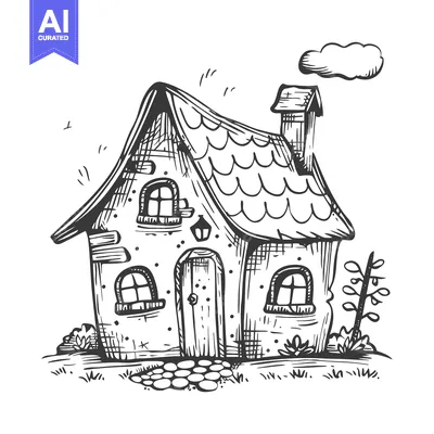 Aset premium populer: Hand-drawn sketch of a charming little cottage with a chimney, windows