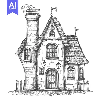 Premium design asset: Hand-drawn Sketch of a Charming Old Cottage with a Tall Chimney and a