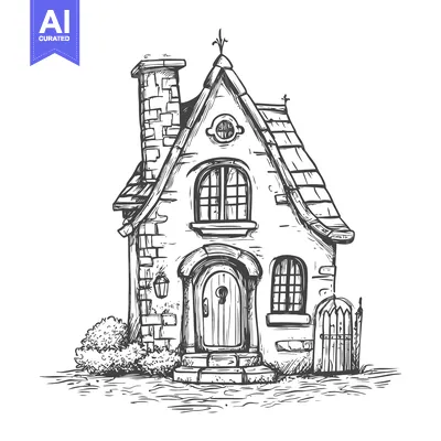 Premium design asset: Hand-drawn sketch of a charming stone cottage with a peaked roof, chim