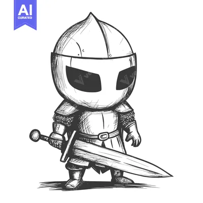 Aset desain premium: Hand-drawn sketch of a chibi knight holding a sword