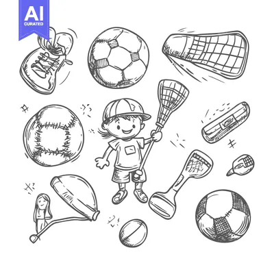 Aset premium populer: Hand-Drawn Sketch of a Child Surrounded by Various Sports Equipment