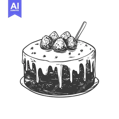 Aset premium populer: Hand-Drawn Sketch of a Chocolate Cake with Strawberry Toppings and Dri