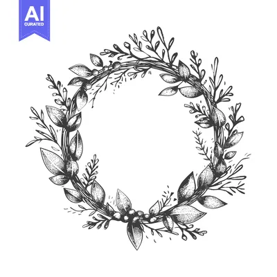Aset desain premium: Hand-drawn sketch of a circular floral wreath with leaves and berries