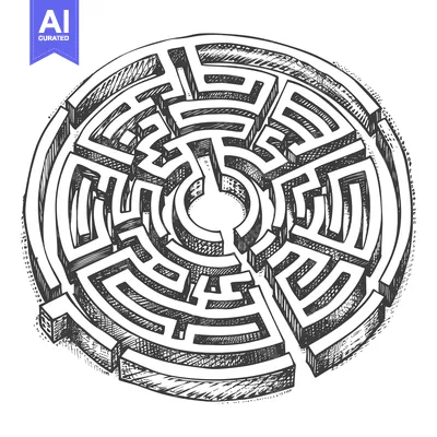 Aset desain premium: Hand-drawn sketch of a circular maze with a central opening