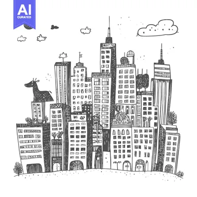 Aset premium populer: Hand-Drawn Sketch of a Cityscape with a Giraffe