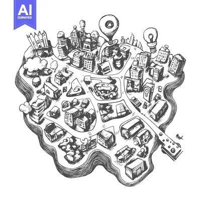 Aset desain premium: Hand-drawn Sketch of a Cityscape with Buildings and a Light Bulb