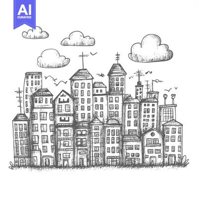 Premium design asset: Hand-Drawn Sketch of a Cityscape with Buildings and Clouds