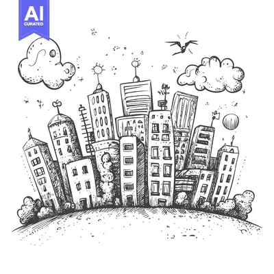 Premium design asset: Hand-drawn Sketch of a Cityscape with Buildings, Clouds, and a Flying