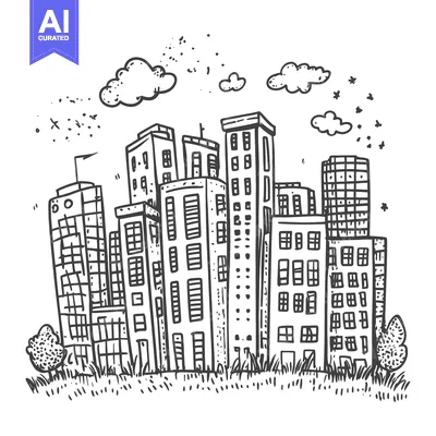 Aset desain premium: Hand-Drawn Sketch of a Cityscape with Buildings, Clouds, and Grass