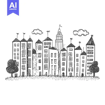 Aset premium populer: Hand-Drawn Sketch of a Cityscape with Buildings, Trees, and Clouds