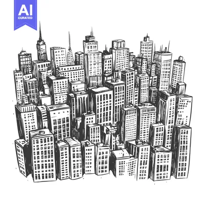 Aset desain premium: Hand-drawn Sketch of a Cityscape with Numerous Skyscrapers