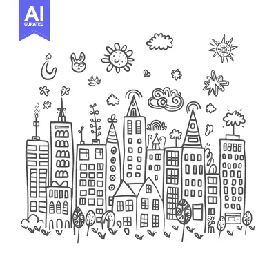 Premium design asset: Hand-Drawn Sketch of a Cityscape with Simple Buildings, Sun, and Cloud