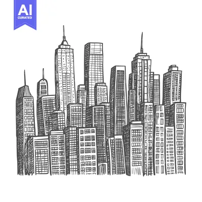Premium design asset: Hand-drawn sketch of a cityscape with tall buildings