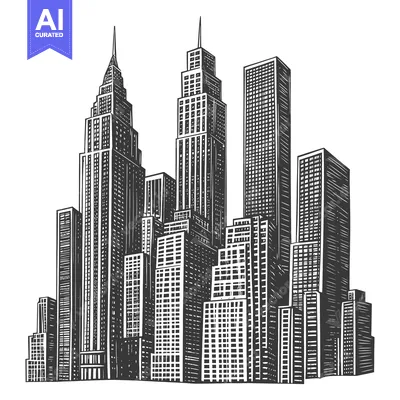 Premium design asset: Hand-drawn sketch of a cityscape with tall skyscrapers