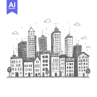 Aset desain premium: Hand-Drawn Sketch of a City Skyline with Buildings and Trees