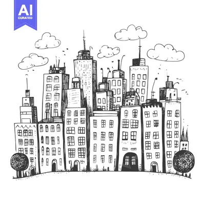 Premium design asset: Hand-drawn sketch of a city skyline with buildings, trees, and clouds