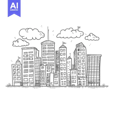Aset desain premium: Hand-drawn sketch of a city skyline with clouds