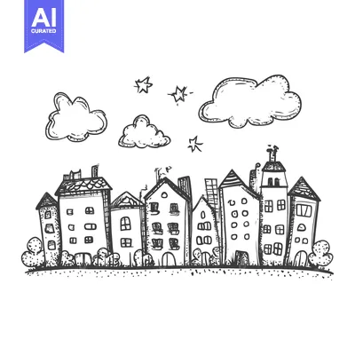Aset desain premium: Hand-drawn sketch of a city skyline with clouds and stars