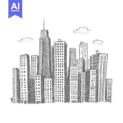 Hand-drawn sketch of a city skyline with tall buildings and clouds