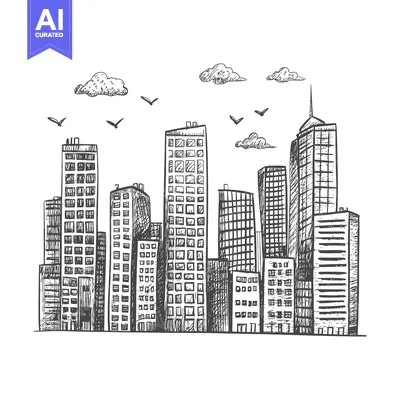 Aset desain premium: Hand-drawn sketch of a city skyline with tall buildings and clouds