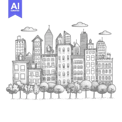 Aset premium populer: Hand-drawn sketch of a city skyline with trees