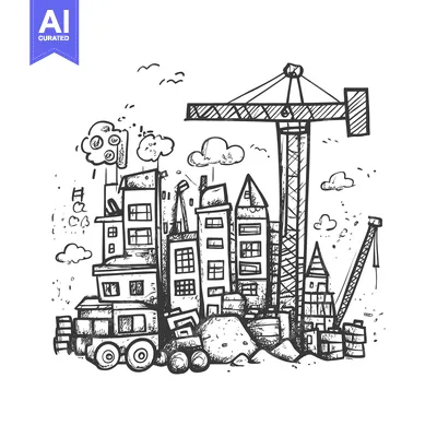Aset desain premium: Hand-Drawn Sketch of a City Under Construction with Cranes and Buildin