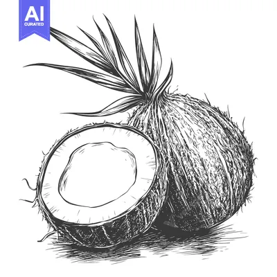 Aset desain premium: Hand-Drawn Sketch of a Coconut with its Husk and a Half Cut Open