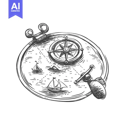 Aset premium populer: Hand-Drawn Sketch of a Compass with Sailing Ships and Sea
