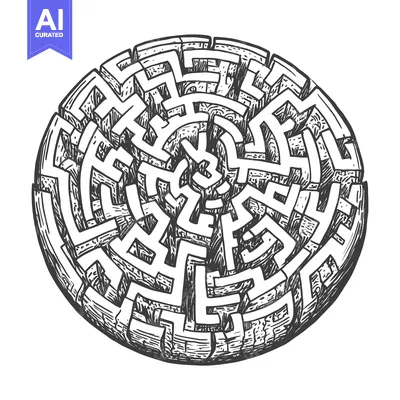 Hand-drawn sketch of a complex circular maze with intricate pathways