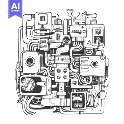 Premium design asset: Hand-Drawn Sketch of a Complex Interconnected Machine with Various Com