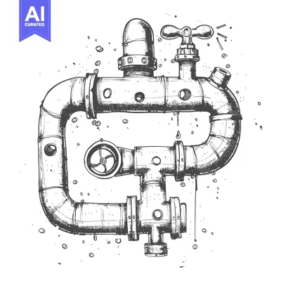 Aset premium populer: Hand-drawn sketch of a complex plumbing system with a leaking valve