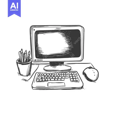 Aset premium populer: Hand-drawn Sketch of a Computer with Pencils in a Cup
