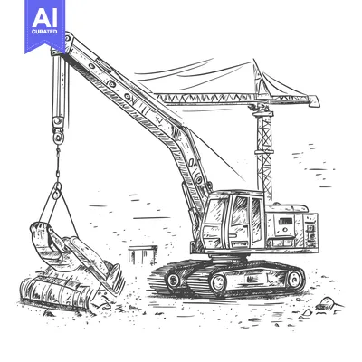 Aset premium populer: Hand-drawn sketch of a construction crane lifting a large rock