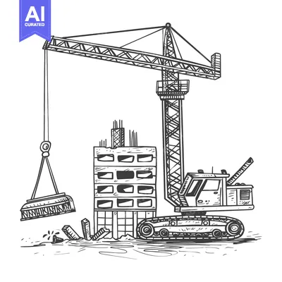 Aset premium populer: Hand-Drawn Sketch of a Construction Crane Lifting Bricks to Build a Bu