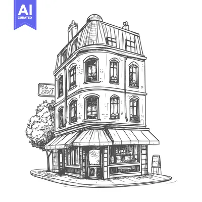 Aset premium populer: Hand-Drawn Sketch of a Corner Building with a Store Front and Awning