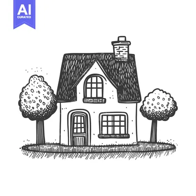 Premium design asset: Hand-drawn sketch of a cottage with a chimney and two trees