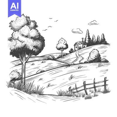 Aset premium populer: Hand-drawn sketch of a countryside scene with a small house, trees, a