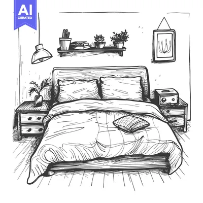 Hand-Drawn Sketch of a Cozy Bedroom with a Bed, Nightstand, and Plants