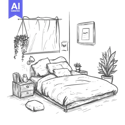 Premium design asset: Hand-drawn Sketch of a Cozy Bedroom with a Bed, Nightstand, and Plants