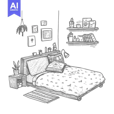 Aset premium populer: Hand-drawn Sketch of a Cozy Bedroom with a Bed, Plants, and Books