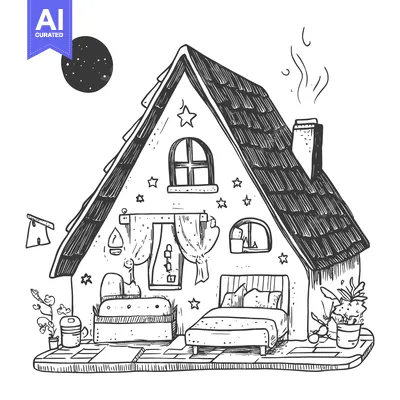 Aset desain premium: Hand-Drawn Sketch of a Cozy Cottage with a Bed and Night Sky