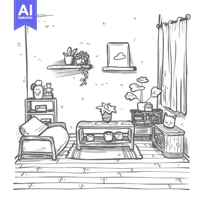 Premium design asset: Hand-Drawn Sketch of a Cozy Living Room Interior with Furniture and Pl
