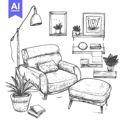 Premium design asset: Hand-Drawn Sketch of a Cozy Living Room with an Armchair and Footstool