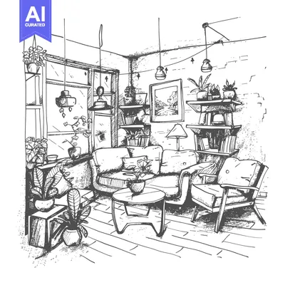 Aset desain premium: Hand-drawn Sketch of a Cozy Living Room with a Sofa, Armchair, Coffee