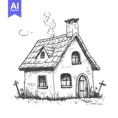 Aset desain premium: Hand-Drawn Sketch of a Cozy Stone Cottage with a Chimney and Smoke