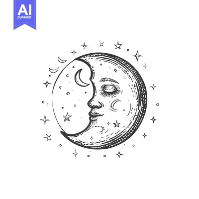 Aset desain premium: Hand-Drawn Sketch of a Crescent Moon with a Sleeping Face and Surround