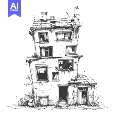 Hand-Drawn Sketch of a Crumbling Three-Story Building with an Open Doo