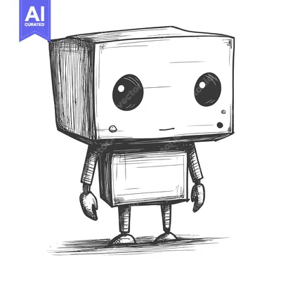 Aset desain premium: Hand-Drawn Sketch of a Cube-Shaped Robot with Large Eyes