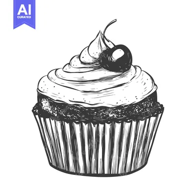 Aset desain premium: Hand-drawn sketch of a cupcake with whipped cream and cherry topping